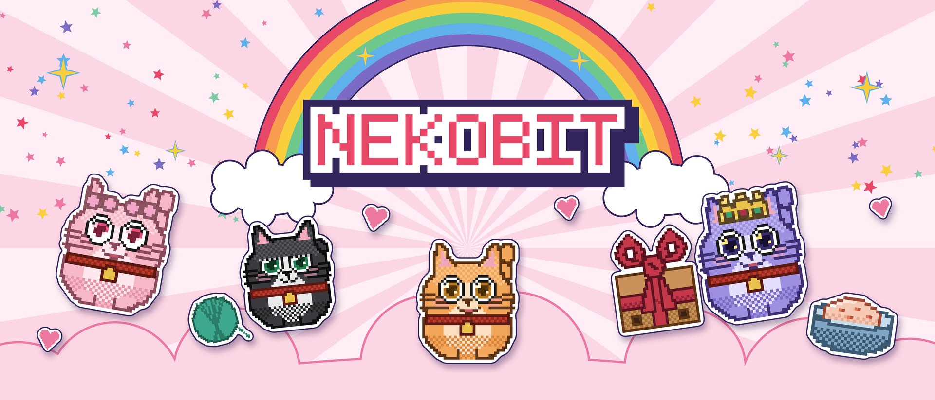 Nekobit: pixel art cats as stickers under a rainbow